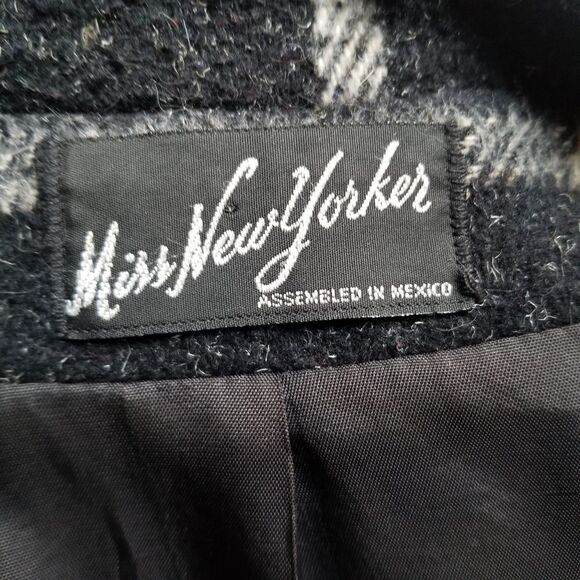 Vintage 70s Miss New Yorker Wool Blend? Windowpane Plaid Black and White Coat Lg - Picture 6 of 8